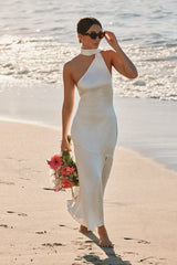 Reglan White Satin One-Shoulder Sash Midi Dress