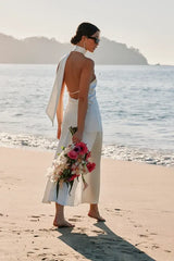 Reglan White Satin One-Shoulder Sash Midi Dress
