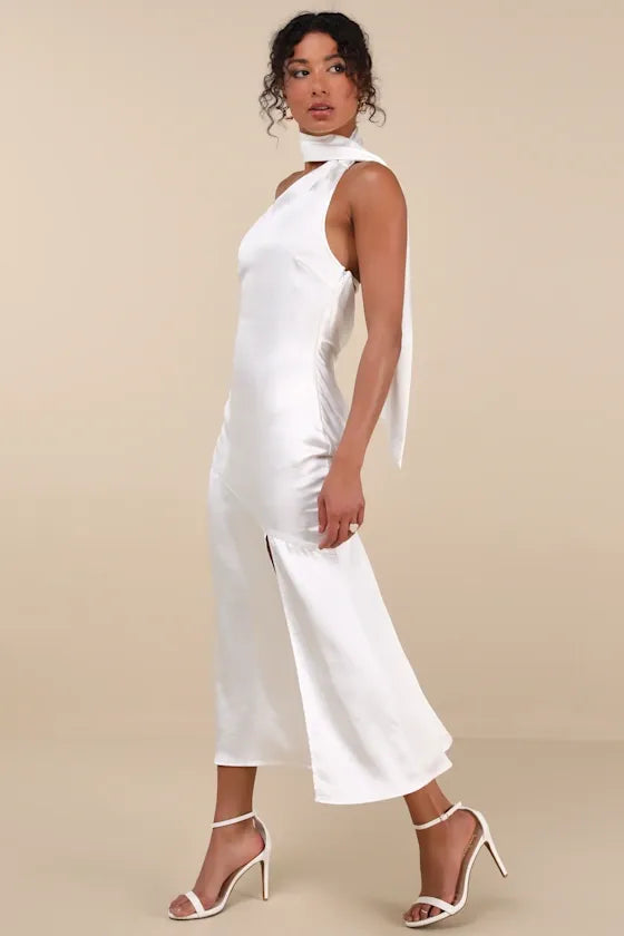 Reglan White Satin One-Shoulder Sash Midi Dress