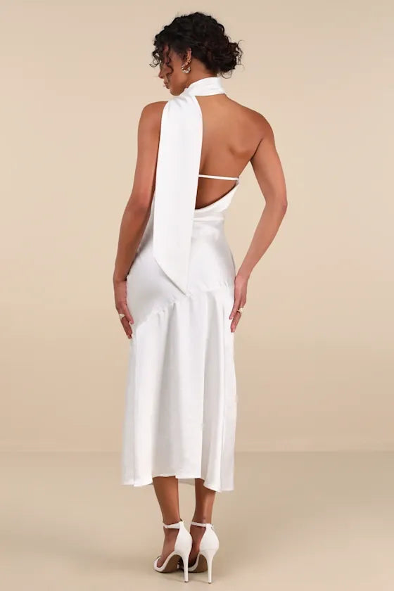 Reglan White Satin One-Shoulder Sash Midi Dress