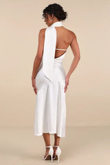 Reglan White Satin One-Shoulder Sash Midi Dress