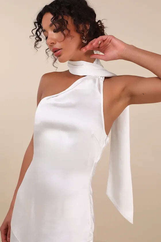 Reglan White Satin One-Shoulder Sash Midi Dress