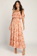 Love and Blooms Blush Floral Print Off-the-Shoulder Dress